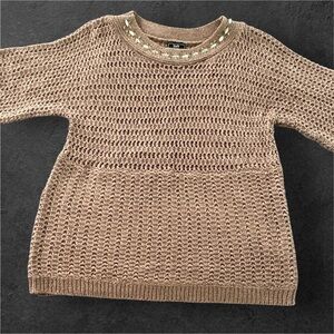 Tan Crew Neck Sweater with Textured Knit